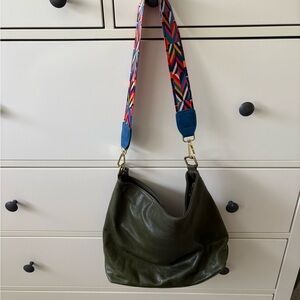 Green Leather Bag with Colorful Strap Handmade in Turkey
